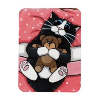 Cute Cat With Teddy Bear On Bed Magnet by LisaMarieArt at Zazzle