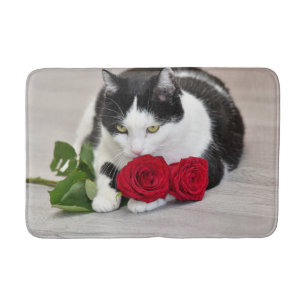 Cute cat with the red rose bath mat
