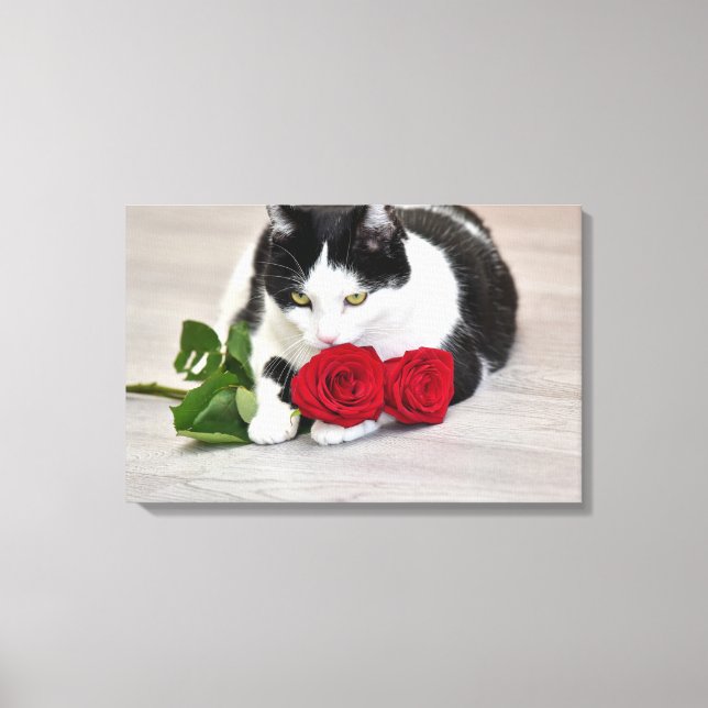Cute cat with the red rose canvas print (Front)