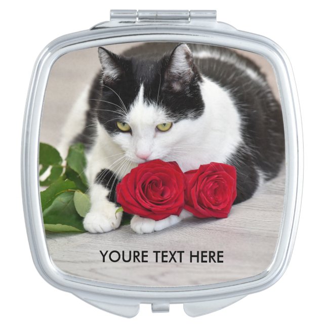 Cute cat with the red rose compact mirror (Front)