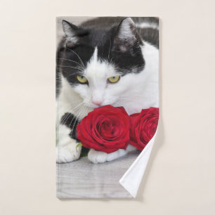 Cute cat with the red rose hand towel 