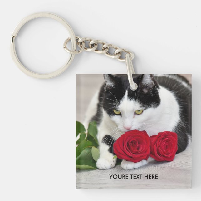 Cute cat with the red rose keychain (Front)