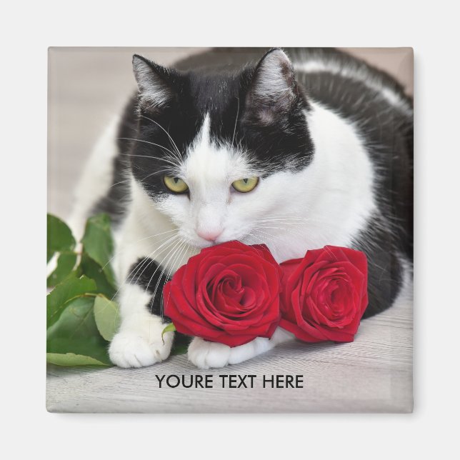 Cute cat with the red rose magnet (Front)