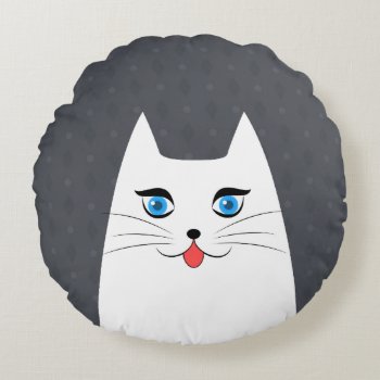 Cute Cat With Tongue Sticking Out Round Pillow by MrHighSky at Zazzle