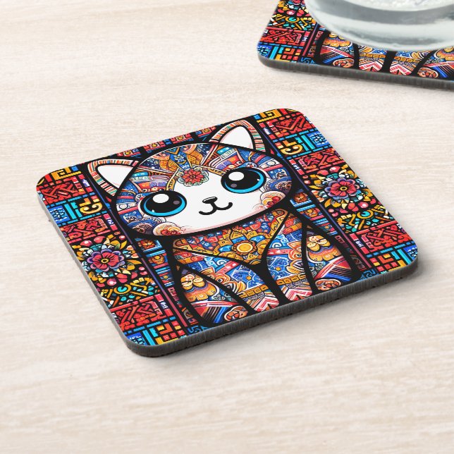 Cute Cat with Traditional Pattern Charm Beverage Coaster (Left Side)