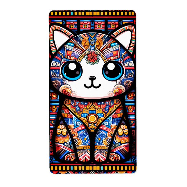 Cute Cat with Traditional Pattern Charm Label (Front)