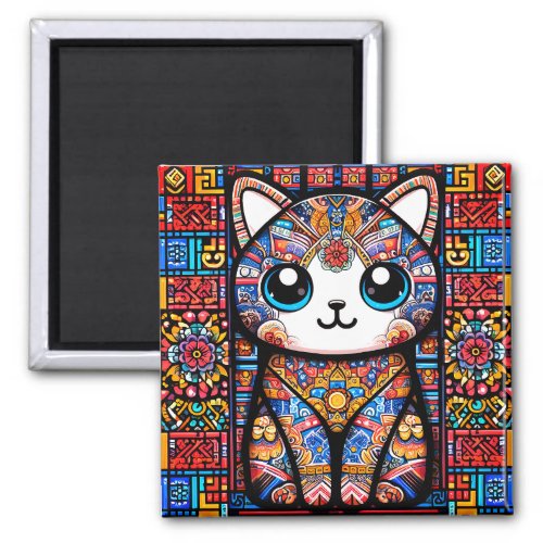 Cute Cat with Traditional Pattern Charm Magnet