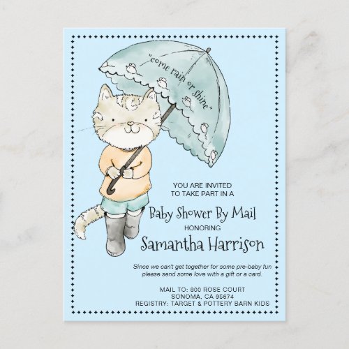 Cute Cat With Umbrella  Baby Shower By Mail Invitation Postcard