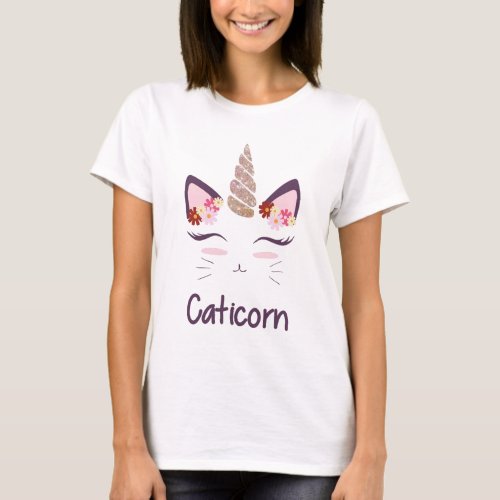 Cute Cat With Unicorn Horn And Flowers T_shirt