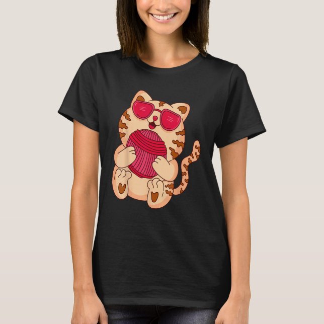 Cute Cat with Wool Ball  Knitting T-Shirt (Front)