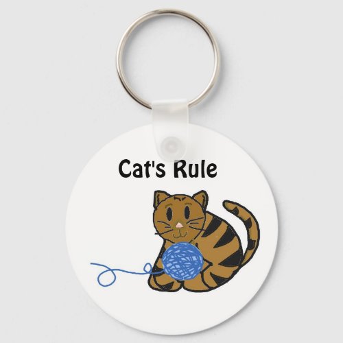 Cute Cat with Yarn and Saying Keychain
