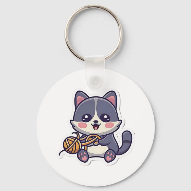Cute Cat with Yarn Classic T-Shirt Keychain (Front)