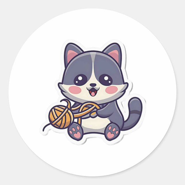 Cute Cat with Yarn Classic T-Shirt Round Sticker (Front)