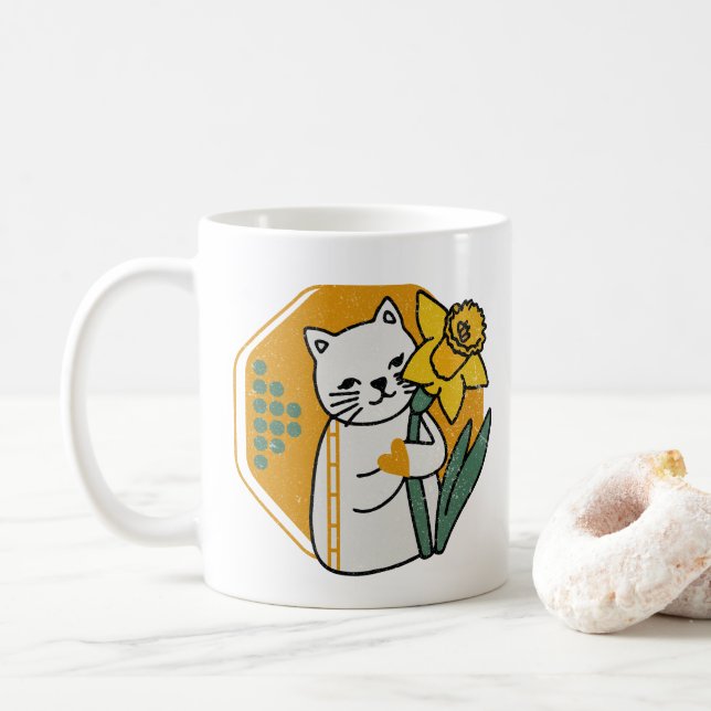 Cute Cat with Yellow Daffodil Flower Coffee Mug (With Donut)
