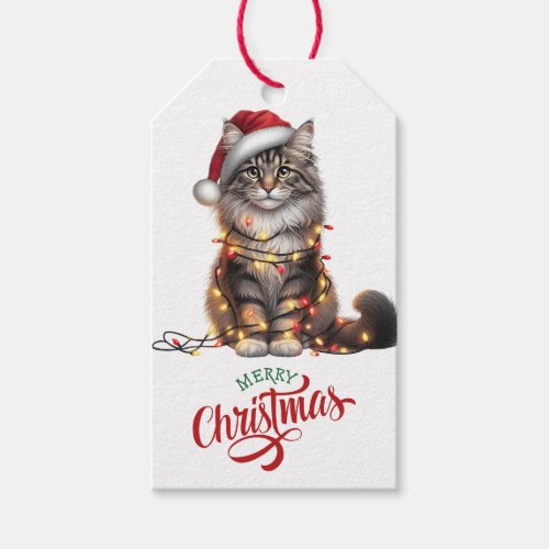 Cute Cat Wrapped in Christmas Lights Gift Tags