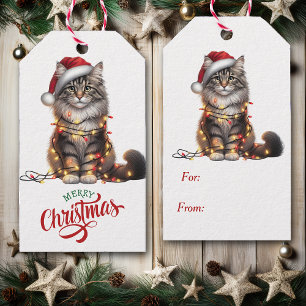 Cute Cat Wrapped in Christmas Lights Gift Tags