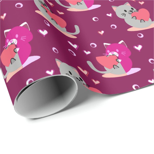 Cute Cat Wrapping Paper – Whimsical Hearts Design (Roll Corner)