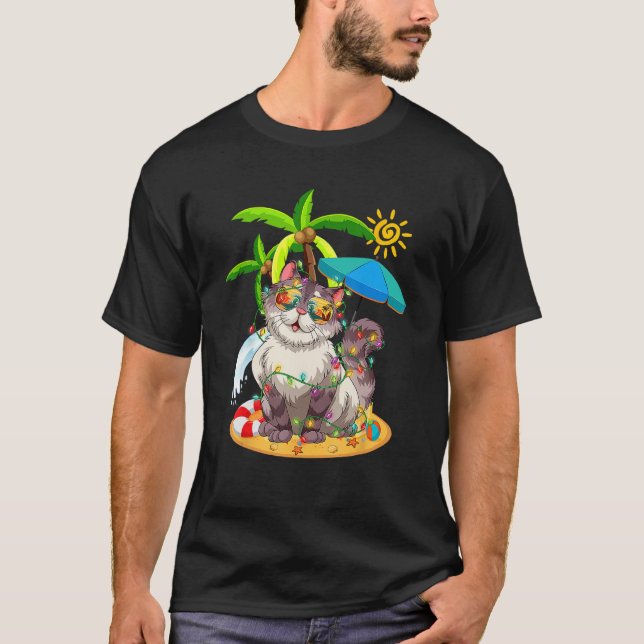 Cute Cat & Xmas Lights Palm Tree Christmas In July T-Shirt (Front)