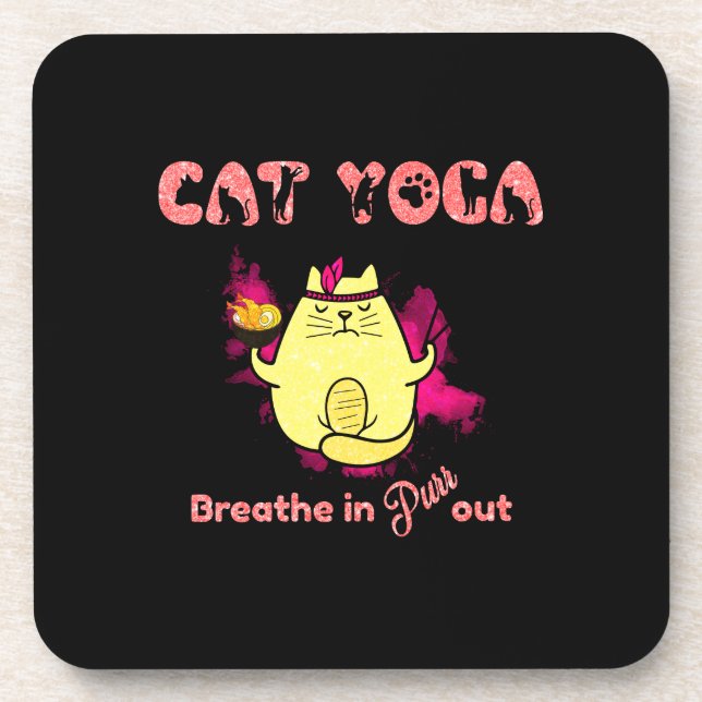 Cute Cat Yoga – "Breathe In, Purr Out" Beverage Coaster (Front)