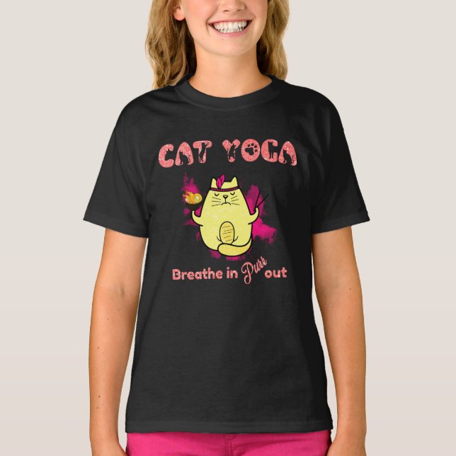 Cute Cat Yoga – "Breathe In, Purr Out" T-Shirt (Front)