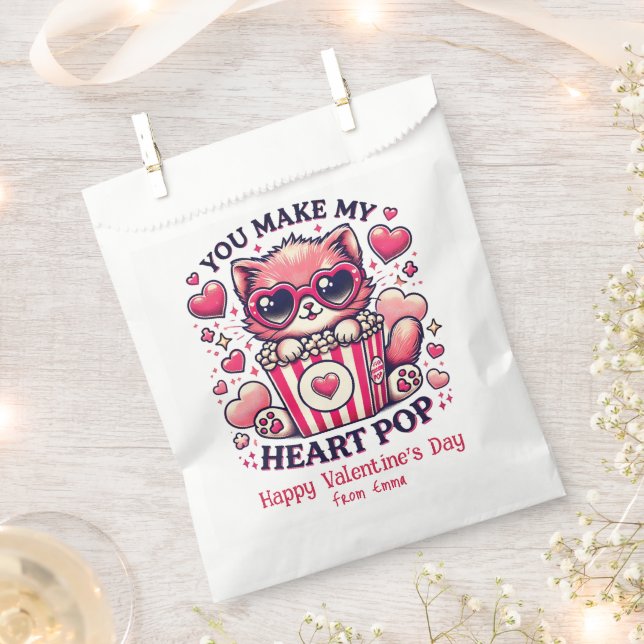 Cute Cat You Make My Heart Pop Classroom Favor Bag (Clipped)