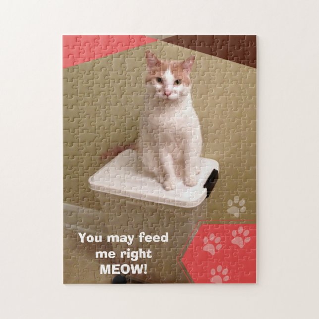 Cute Cat You may feed me right MEOW jigsaw puzzle (Vertical)