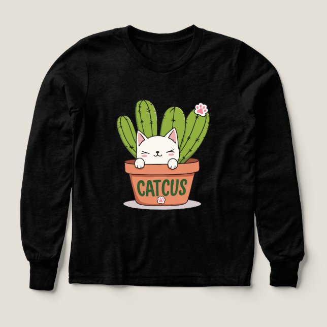 Cute Catcus Kawaii Cactus Cat Illustration Tri-Blend Shirts (Design Front)