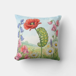 Cute Caterpillar and Flowers Tiny Insects Throw Pillow