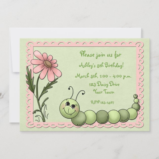 Cute Caterpillar, Daisy, Birthday Invitation (Front)