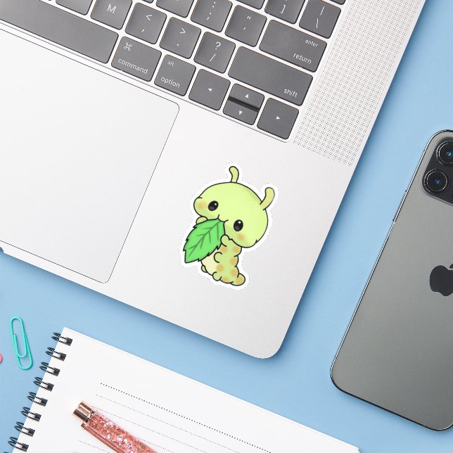 Cute Caterpillar Eating Leaf Sticker (Laptop w/ iPhone)