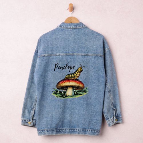 Cute Caterpillar on a Mushroom with Your Name Denim Jacket