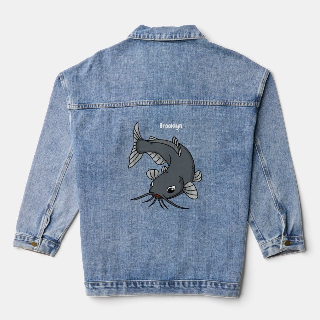 Cute catfish cartoon illustration  denim jacket (Back)