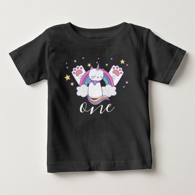 Cute Caticorn 1st Birthday, Unicorn Cat Birthday Baby T-Shirt (Front)
