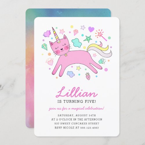 Cute Caticorn  Magical Birthday Invitation