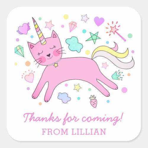 Cute Caticorn  Magical Birthday Thank You Square Sticker