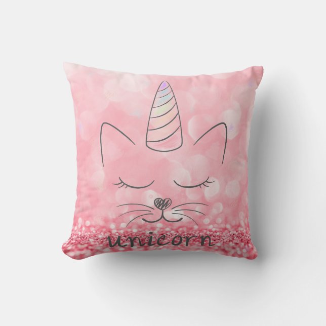Cute Caticorn | Pink Glitter Throw Pillow (Front)