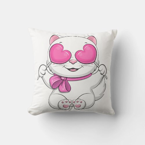 Cute catoon white cat with two hearts throw pillow