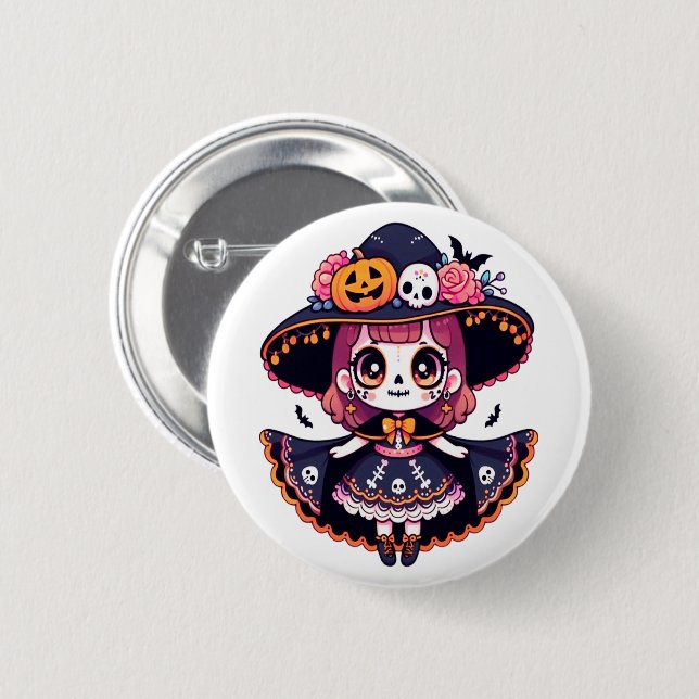 Cute catrina girl halloween button (Front & Back)