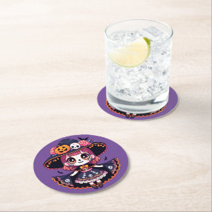 Cute catrina girl halloween round paper coaster
