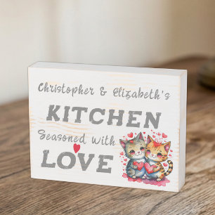 Cute cats add names love rustic kitchen grey wooden box sign