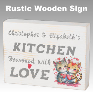 Cute cats add names love rustic kitchen grey wooden box sign