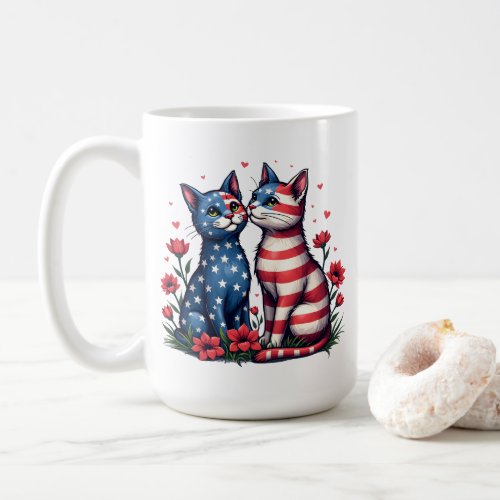 Cute Cats American Flag and Flowers Patriotic  Coffee Mug