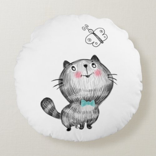 Cute Cats and Butterflies Round Pillow