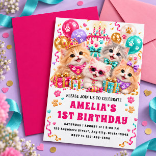 Cute Cats and Cake First Birthday Invitation