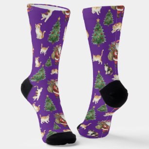 Cute Cats and Christmas Trees Pattern Socks