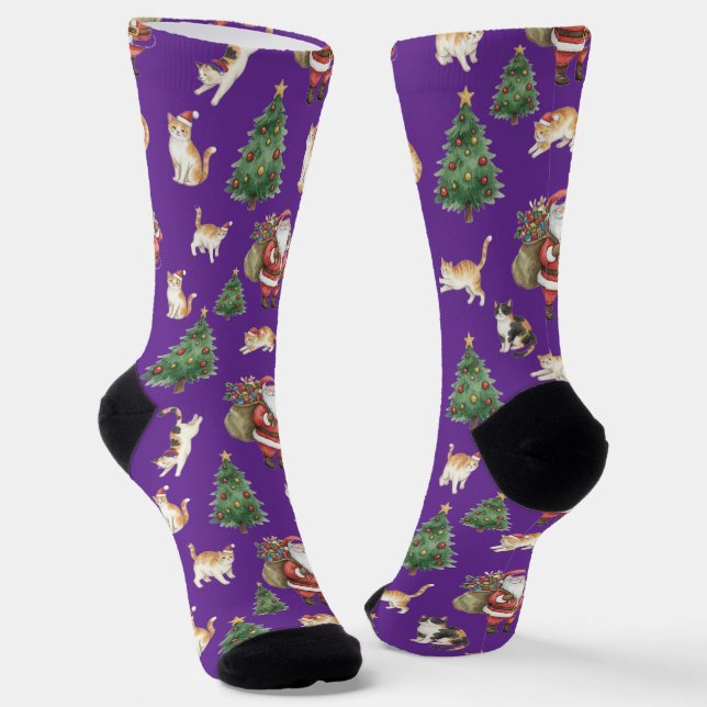 Cute Cats and Christmas Trees Pattern Socks  (Angled)