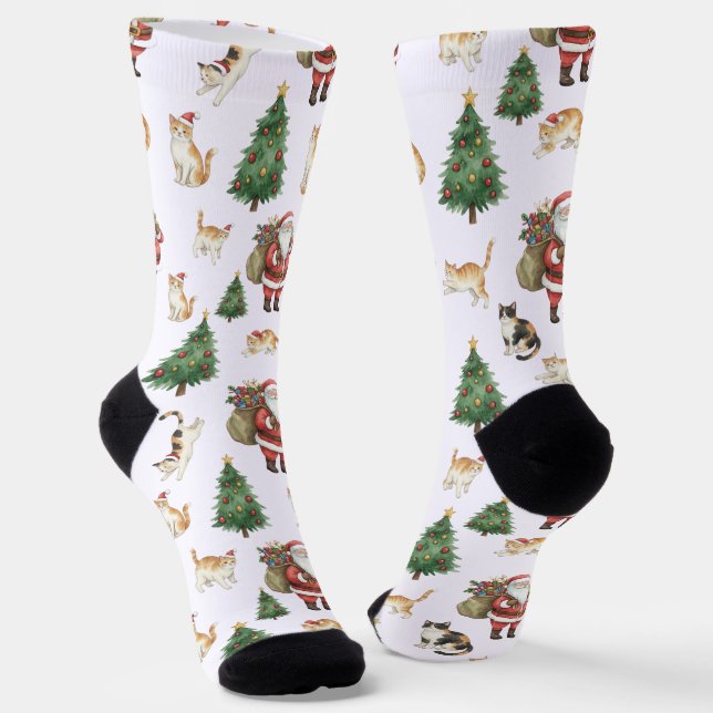 Cute Cats and Christmas Trees Pattern Socks  (Angled)