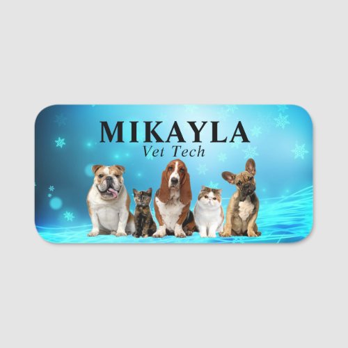 Cute Cats and Dogs Veterinarian Blue Name Tag