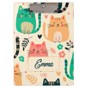 Cute Cats and Floral Pattern Custom Monogram Kids Clipboard