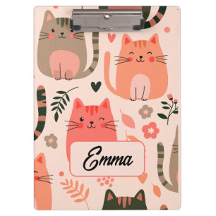 Cute Cats and Floral Pattern Custom Monogram Kids Clipboard